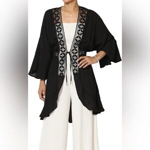 Love Tree Black Lace Trim Open-Front Kimono Cardigan | Boho Flowy Lightweight